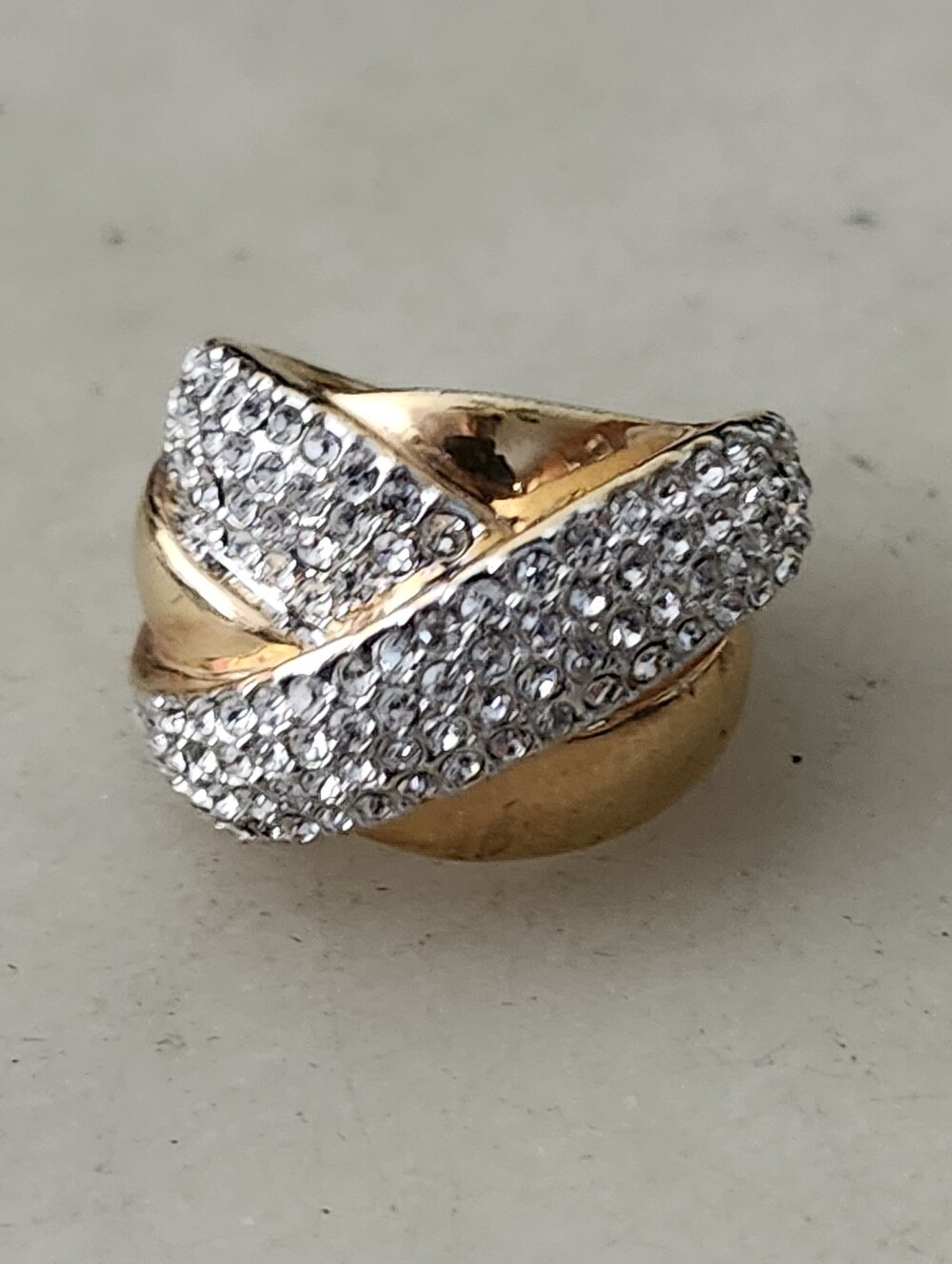 Gold Tone Pave Crystal Crossover Statement Cocktail Ring - Size 7